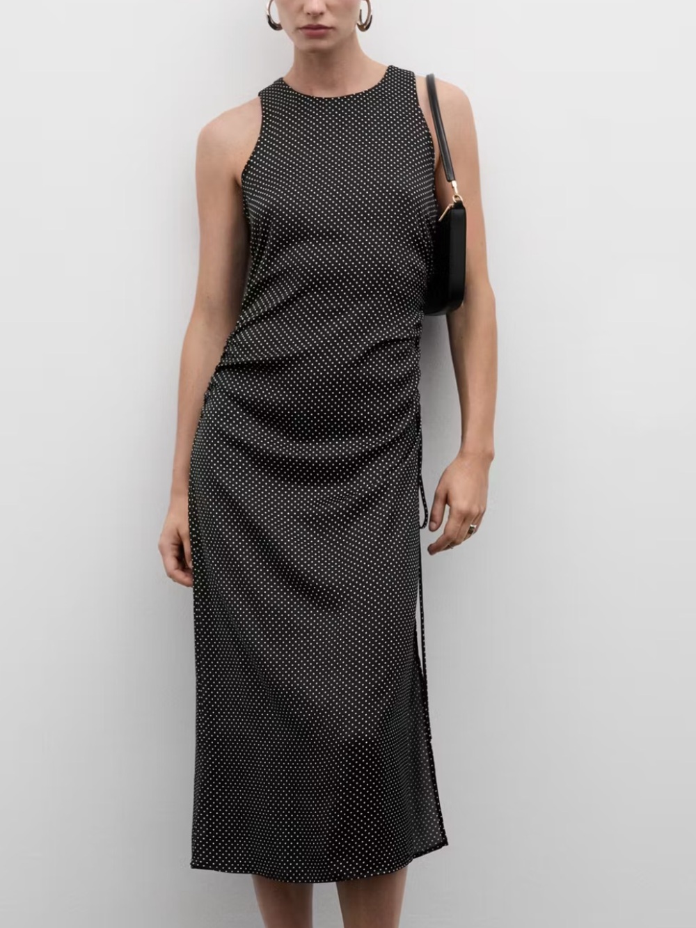 Mango Black Polka-Dot Side-Pleat Midi Dress